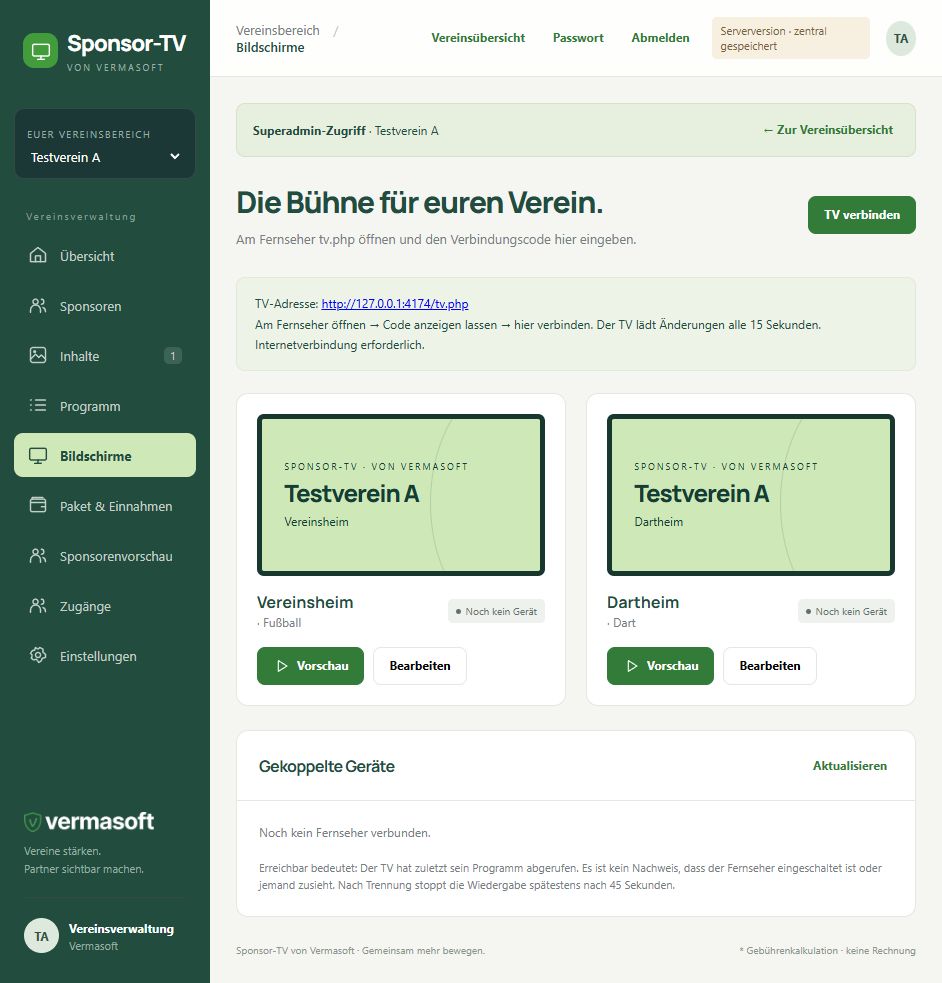 Sponsor-TV Bildschirmverwaltung mit getrennten Programmen für Vereinsheim und Dartbereich